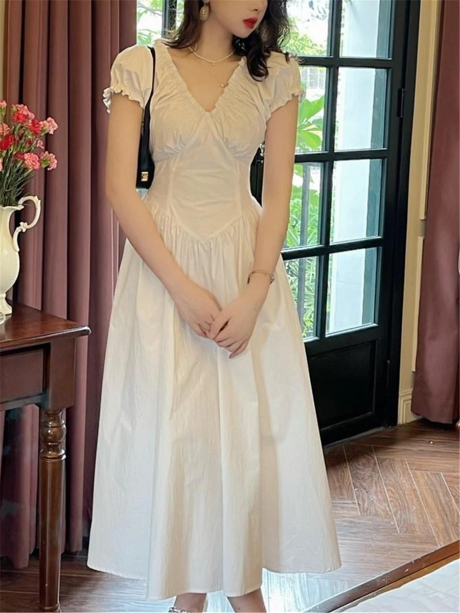 

V-neck Dress Summer Women 2023 New Elegant Sweet Lady Solid Midi Vestidos Evening Party Chic Dresses Casual Female Slim Clothing