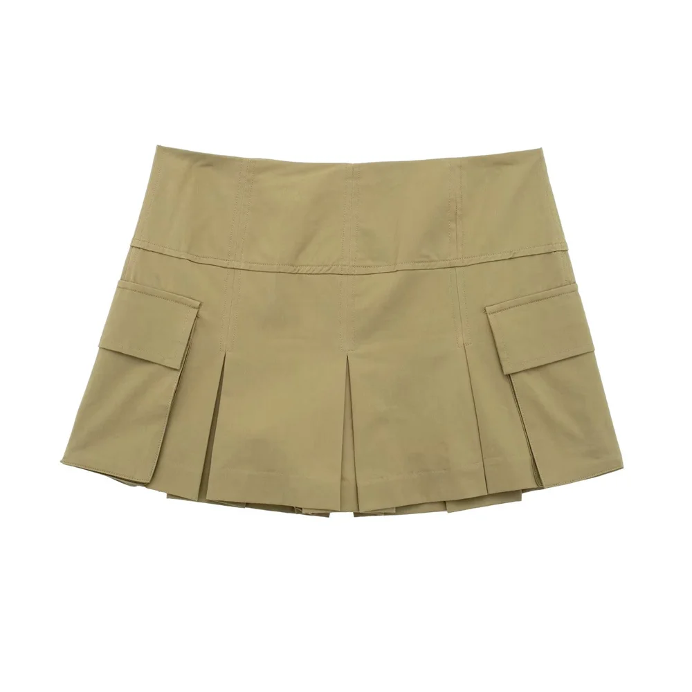 

Women Fashion Patch Pockets Pleated Shorts Skirts Vintage High Waist Back Zipper Female Skort Mujer