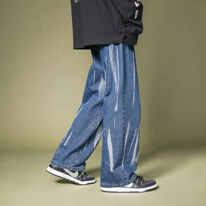 New Men's Jeans Men's Fall/winter Loose Straight Print High Street Wide-leg Pants Black Jeans Streetwear Men Wear штаны мужские