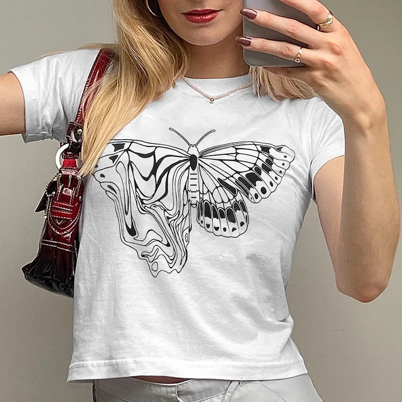 

Summer Ins Style Fashion Butterfly Print Womens T-shirt Casual Daily Round Neck White Short-sleeved Top