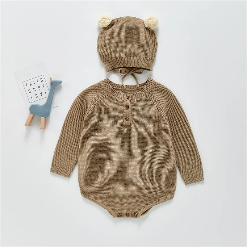 

Children Knit Bodysuit Boy Girl Autumn Clothes Kids Casual Pullover Newborn Romper 2Pcs Set Baby Islamic Clothing Suit with Hat