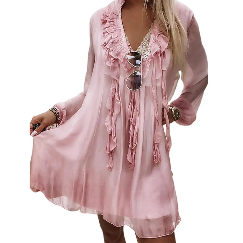 

Популярное свободное платье, свободный Шифоновый Сарафан с оборками, V-образным вырезом и длинным рукавом