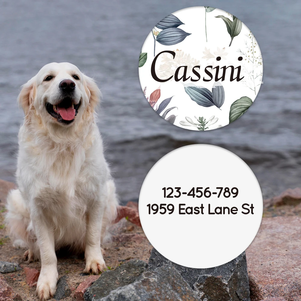 

Pet Name Tag with Floral Pattern, Personalized Dog Tag for Dogs Custom Name and Address on Both Sides,Dog Identification Tag