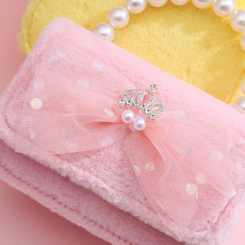2023 New Kids Plush Purses and Handbags Cute Lace Bowknot Little Girls Princess Messenger Bag Baby Coin Pouch Toddler Purse