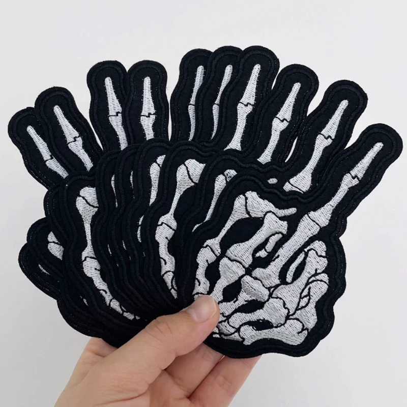 

Skull Finger Embroidered Patches Iron on for Clothing Punk Biker Stripes Jacket Jeans Diy Badges Sewing Decoration Stickers
