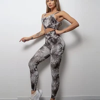 tie dyed seamless yoga set women fitness gym overalls push up sport outfit workout clothes for women ribbed two piece set black