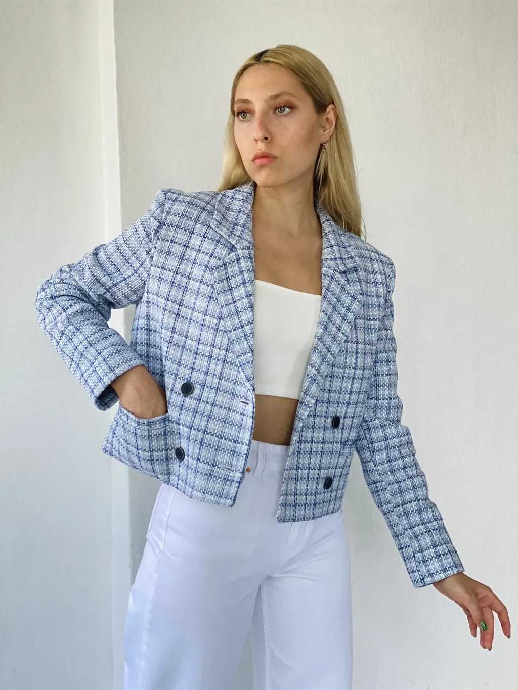 

Retrobird Retro Pattern Women 'S Jacket Casual Use Short Blazer Jacket Women Blue Color