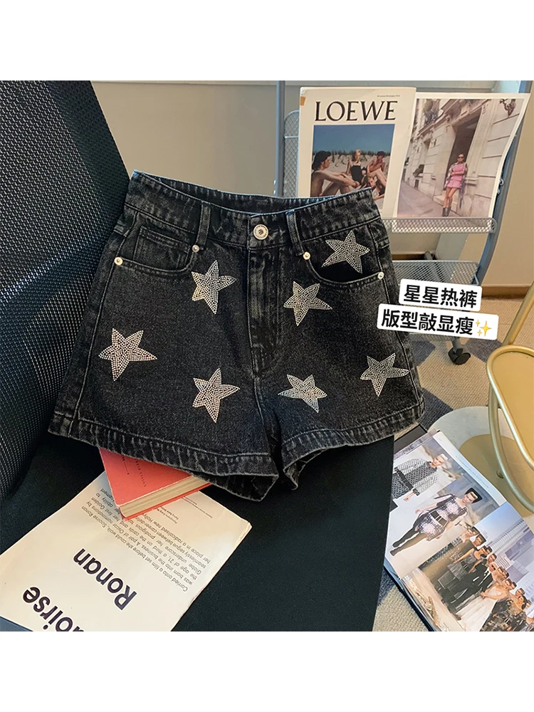 

Американские джинсовые шорты в стиле ретро с высокой талией, хлопковые джинсовые шорты с принтом в виде звезд, летние Дизайнерские широкие брюки, повседневные удобные горячие брюки