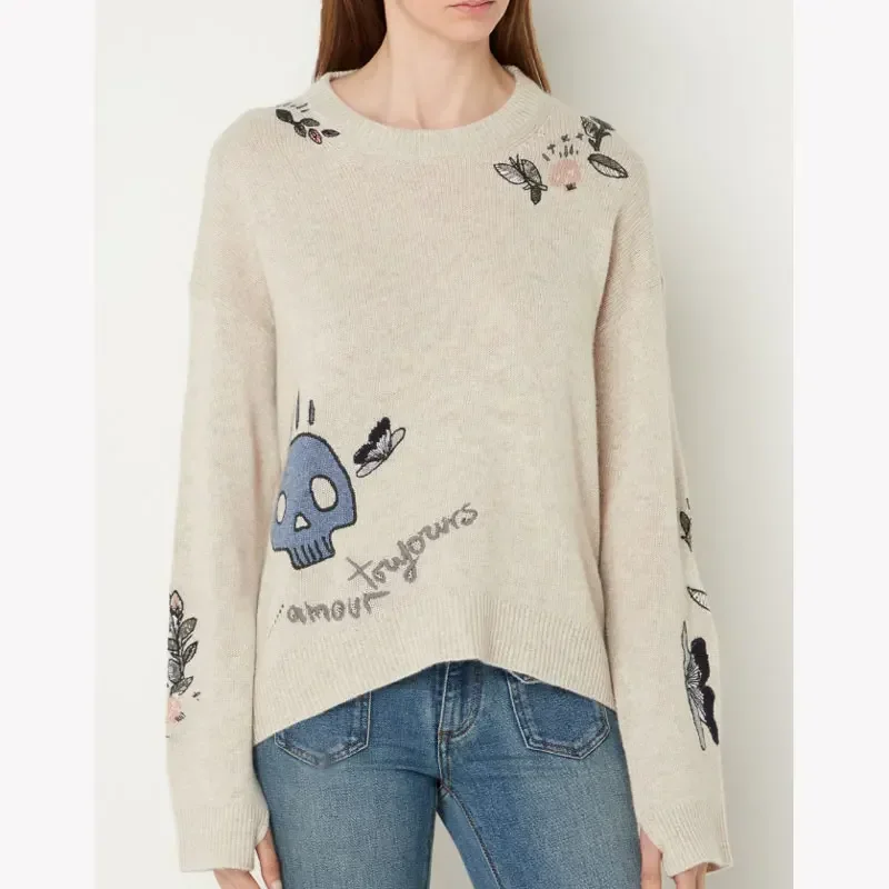 

Женский трикотажный джемпер с вышивкой, кашемировый пуловер с круглым вырезом, бабочкой и цветочным принтом, 2023
