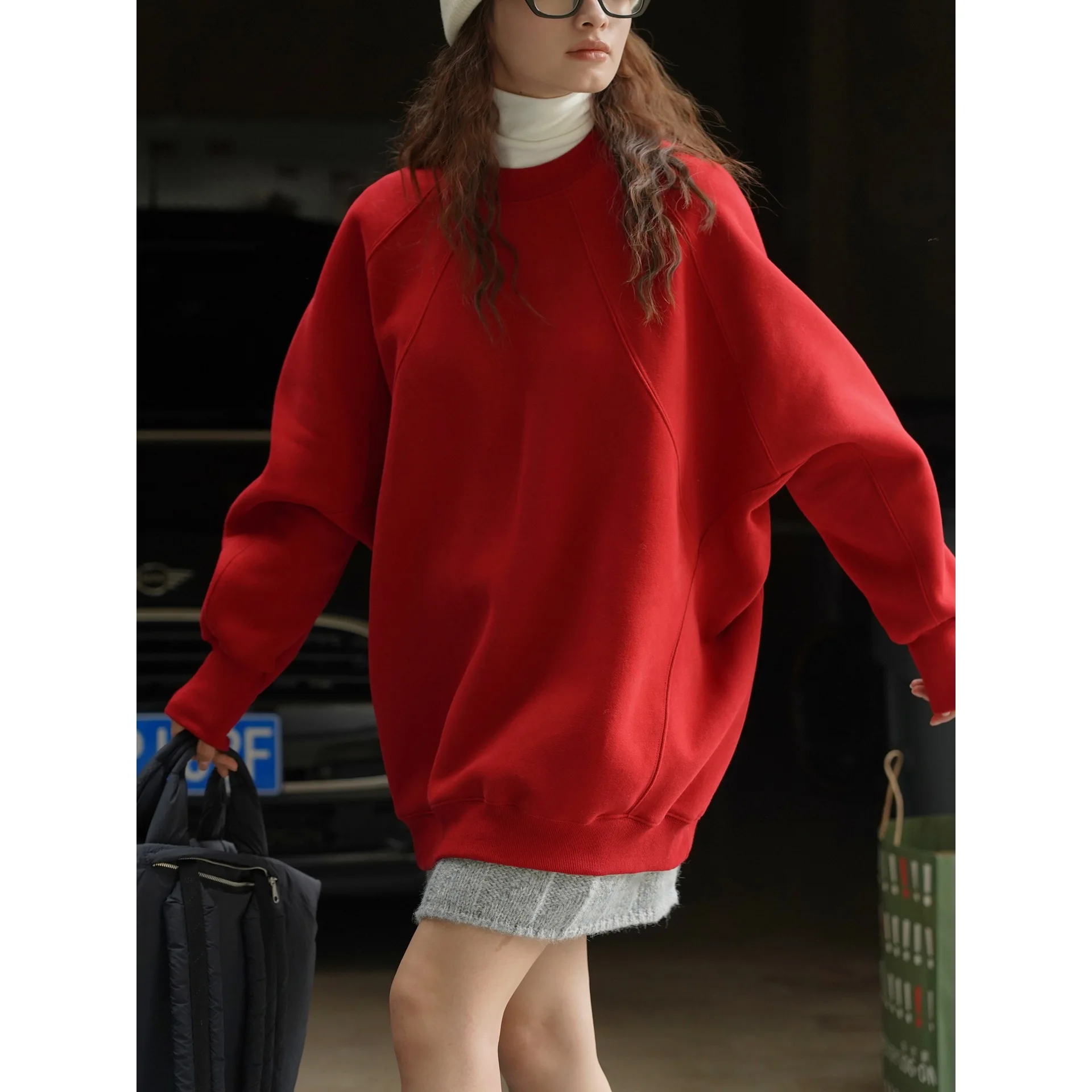 

Winter Korean Oversized Slouchy Fleece Lined Sweatshirt Red Blue Black Loose Thickened Soft Pullover For Women
