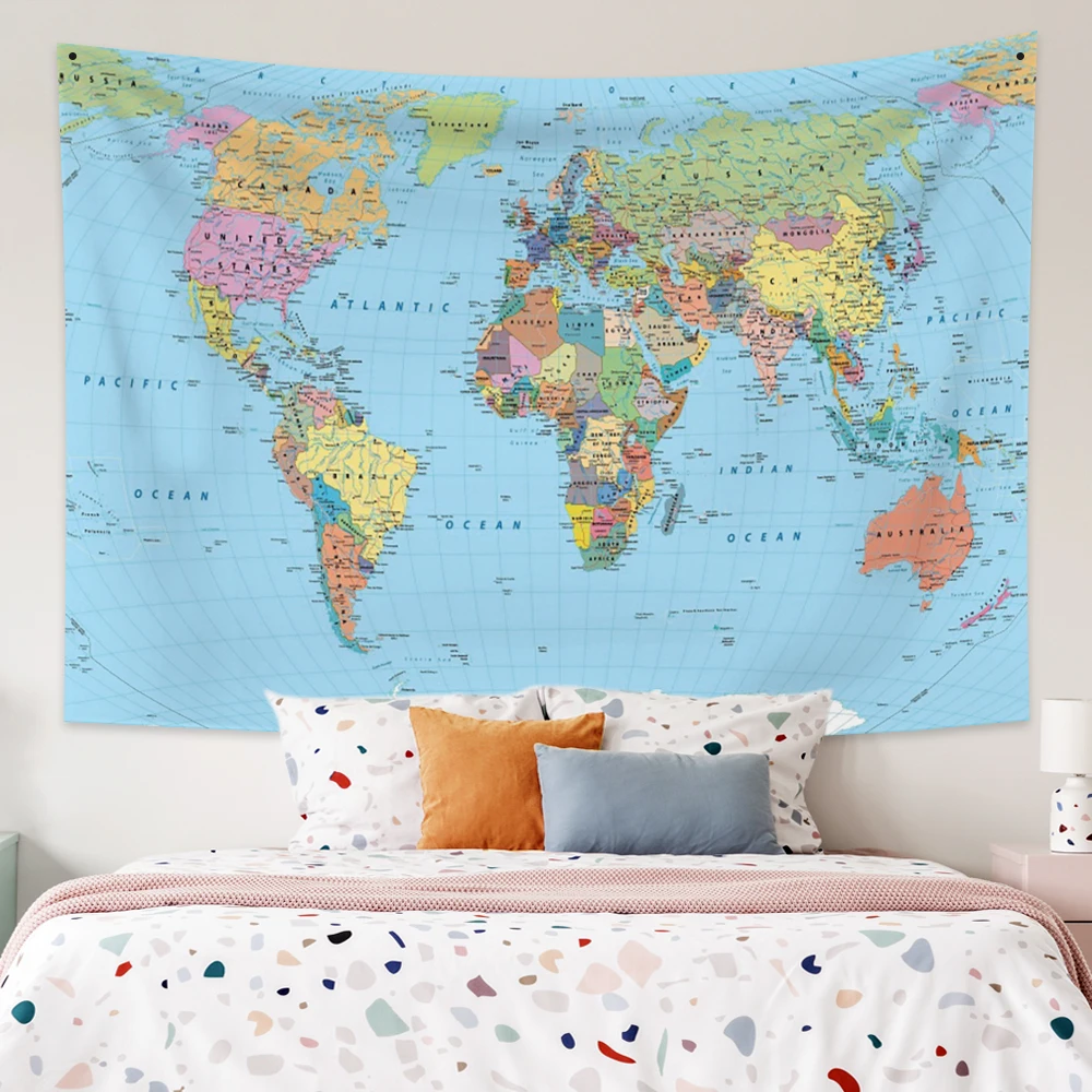 

World Map Tapestry Decor Watercolor Map Letter Wall Hanging Blanket Polyester Fabric Art Bohemian Tapestries Yoga Beach Towel