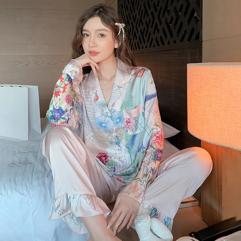Light Luxury Thin Ice Silk Women's Pajamas Sets High-end Simulation Silk Home Service Sleepwear Spring and Autumn Nightwear Suit