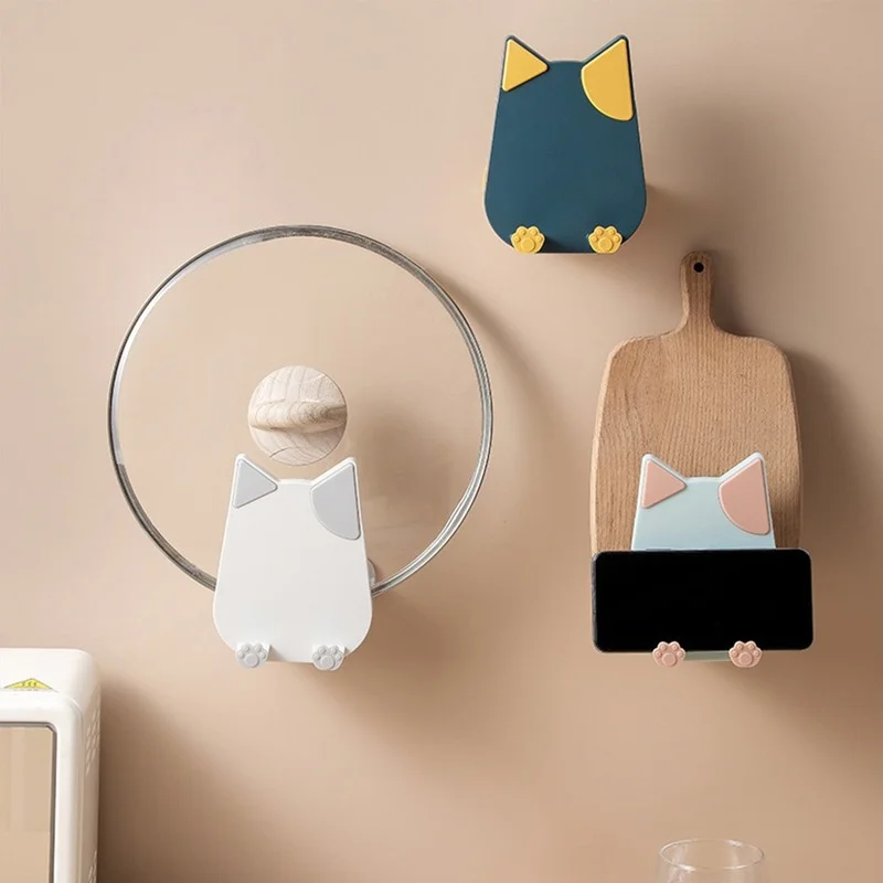 

Wall Mounted Pot Lid Holder Storage Rack Cutting Board Adhesive Kitchen Utensils Cartoon Pan Cover Cat Shape No Drilling Hanging