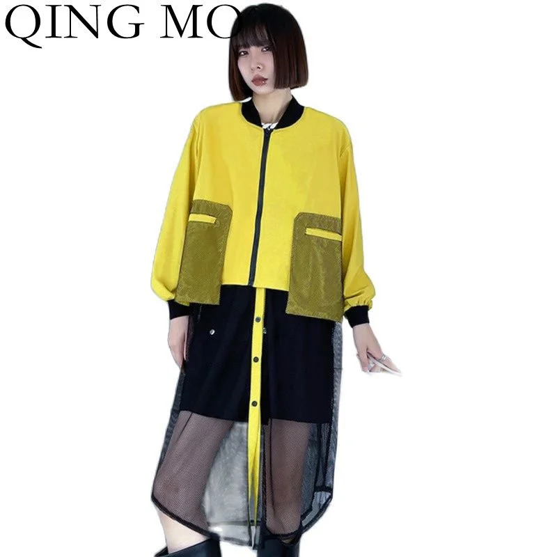 

QING MO 2023 Spring Autumn New Women Clothing Mesh Stitching Windbreaker Jacket Street Style Mid-length Trench Coat TT117Q
