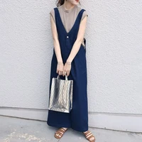 summer dresses for women 2022 japanese style simple blue plain sleeveless straps button chic office lady female maxi dress