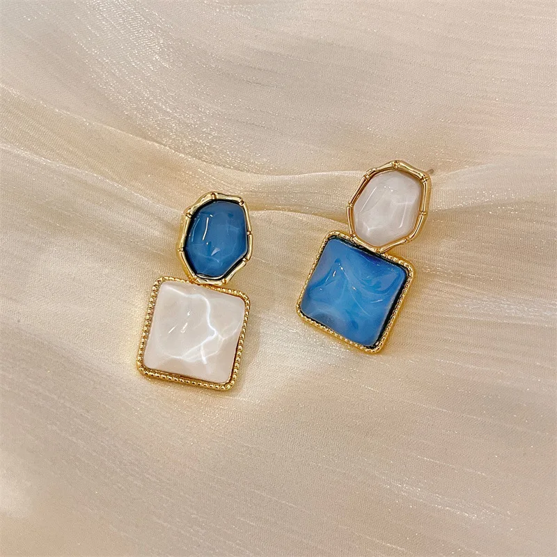 Корейские модные квадратные прозрачные блестящие серьги с синим опалом для