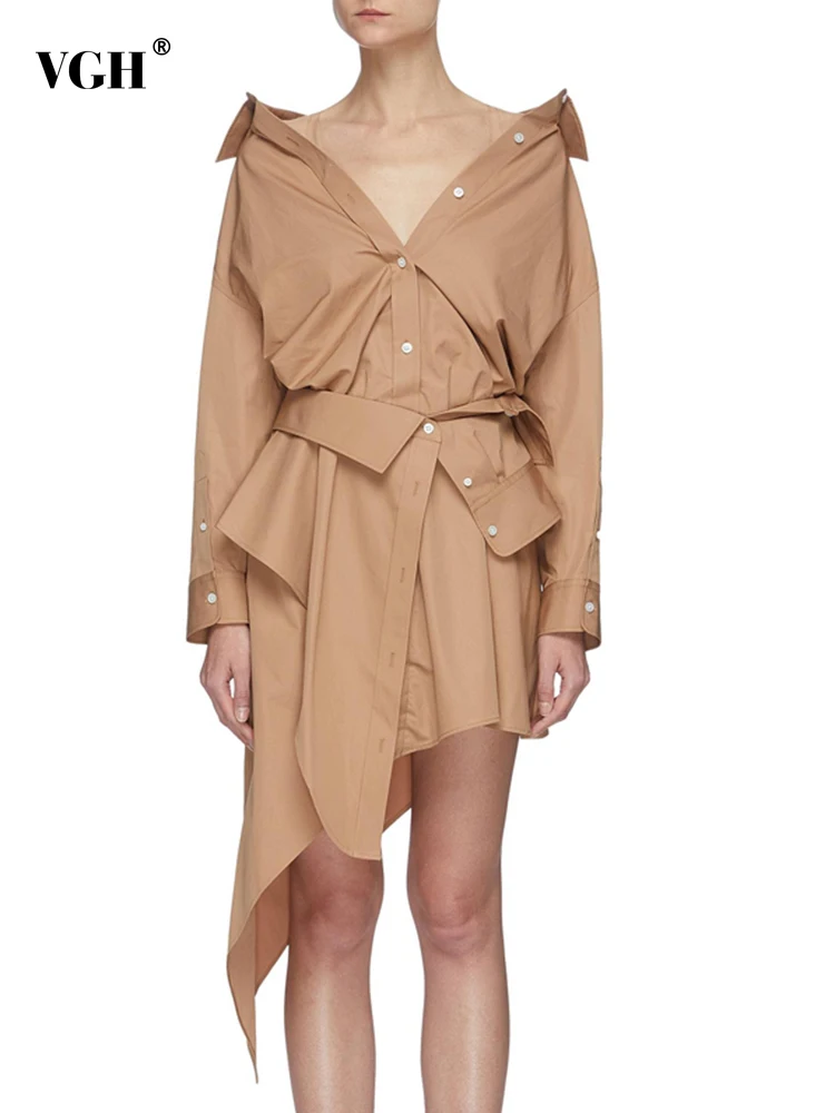 

VGH Irregular Hem Dress For Women Slash Neck Long Sleeve Solid Minimalist Mini Dresses Female Summer Clothing Style 2022 Fashion