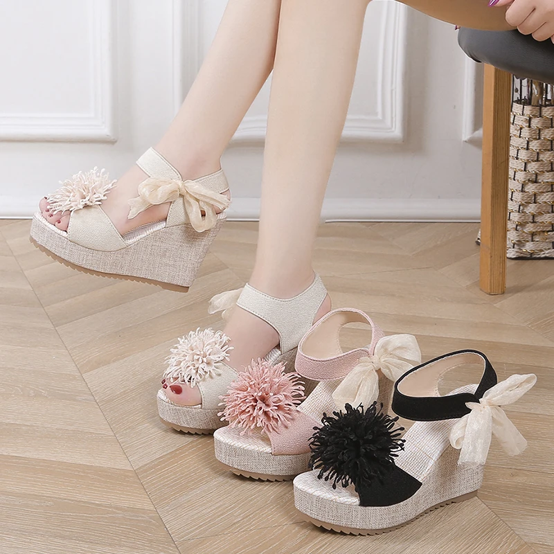 

Platform Wedge Sandals Women's Shoes 2023 Summer Trends Fashion Bow Peep Toe High Heels Sweet Simplicity Holidays Casual Shoes