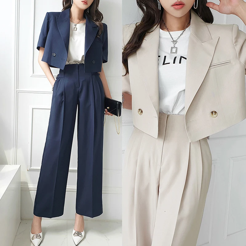 

Fashion Design For Women Office OL 2 Piece Set Women Notched Collar Short Sleeve Blazer Coat + High Waist Wide Leg Pants Outfit