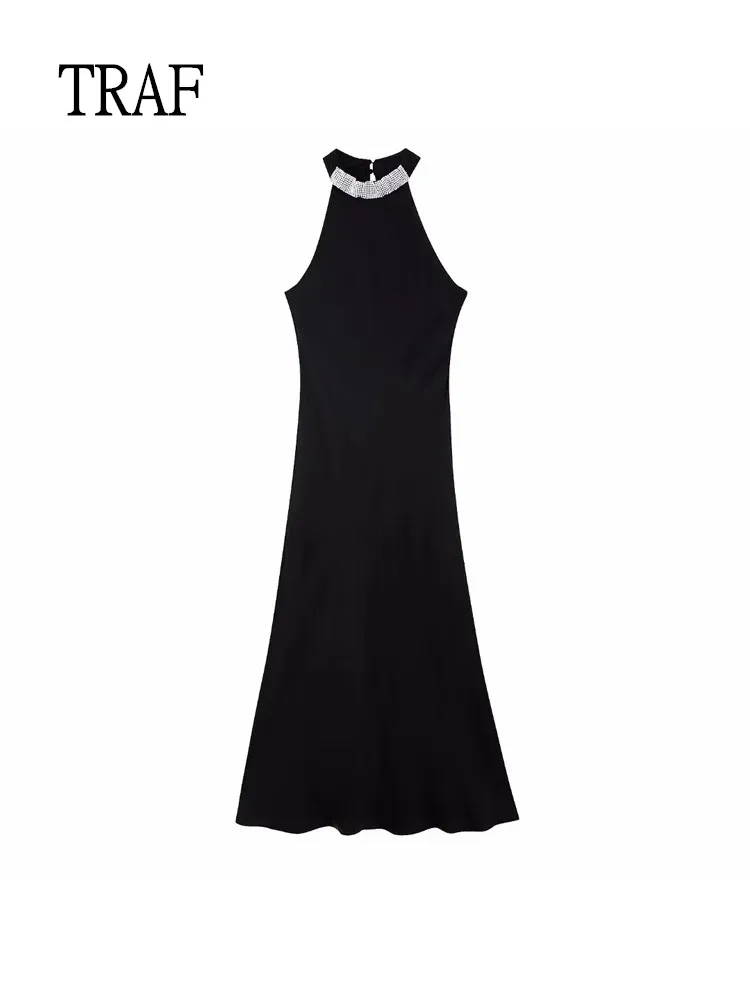 

TRAF Black Long Dresses Women 2022 Sexy Off Shoulder Midi Dress Woman Sleeveless Elegant Dress Female Evening Christmas Dresses