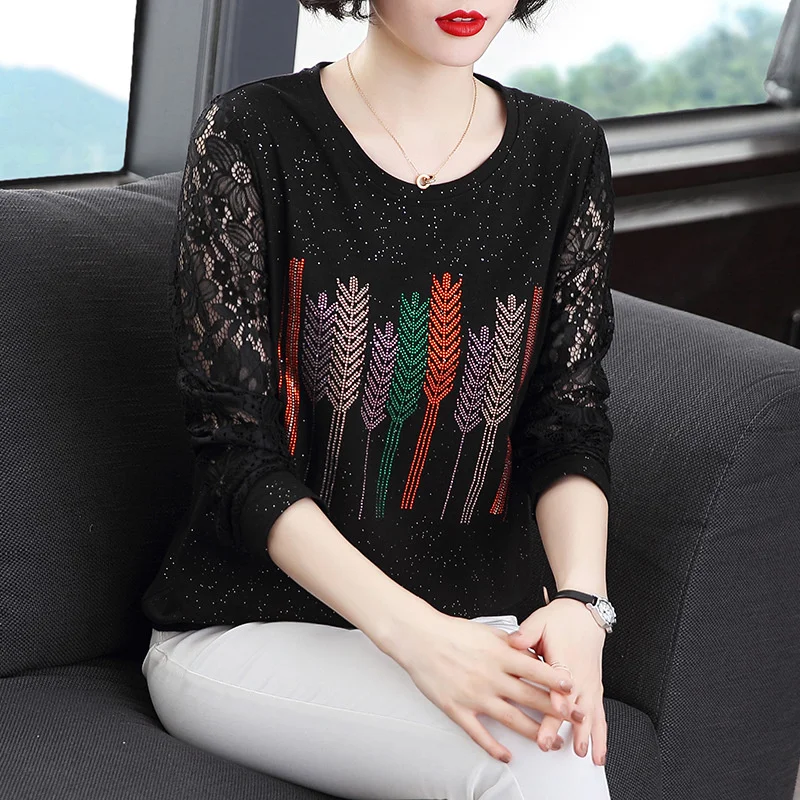 

Sleeve Tshirt Long Women Spring Autumn Shirt Size 4XL Middle Age Lace Stitching Diamond Tshirt 4XL