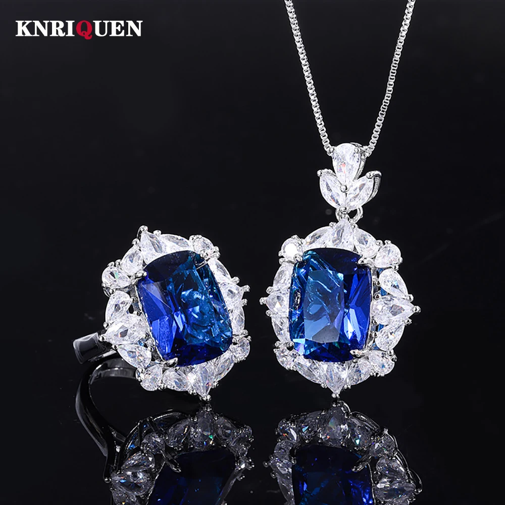 Vintage 12*16mm Sapphire Gemstone Pendant Necklace Ring for Women Lab Diamond Wedding Party Fine Jewelry Set Gift for Girlfriend