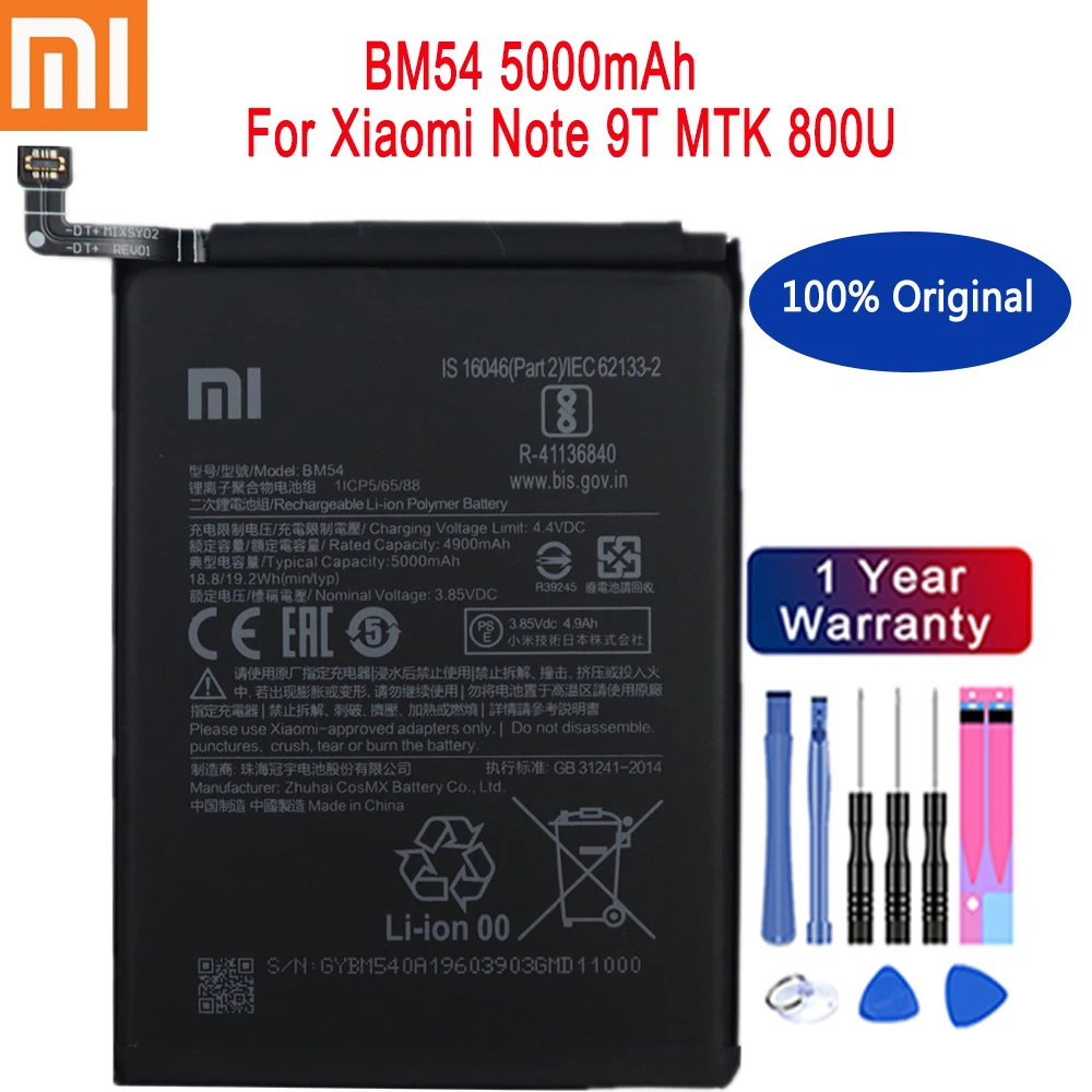 

Xiaomi 100% Original High Qulity 5000mAh BM54 Battery For Xiaomi redmi note 9 5G /Note 9T MTK 800U Batteries Bateria+ Free tools