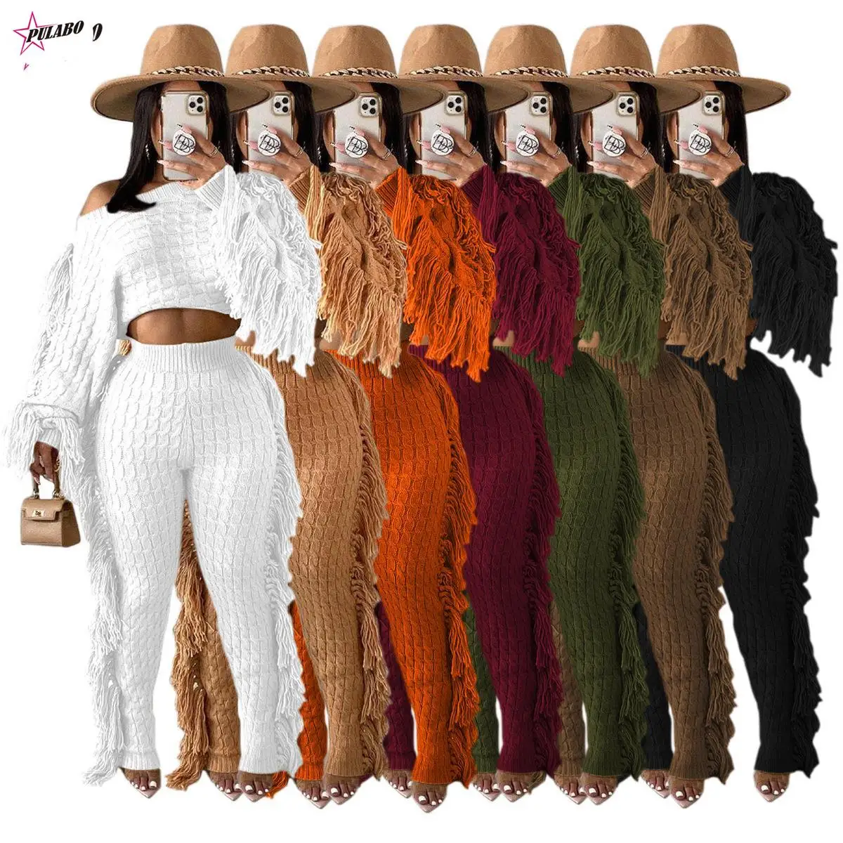 

Tassel Sweater Two Piece Set PULABO Autumn Winter Women Solid Long Sleeve Crop Top And Pants Rib Knitted Suits Tracksuit