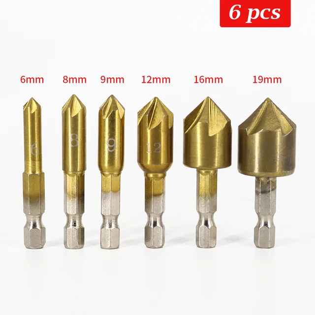 

6Pcs Counter Sink Drill Bit Set 1/4'' Hex Shank HSS 5 Flute Countersink 90 Degree Wood Chamfering Cutter Chamfer 6mm-19mm