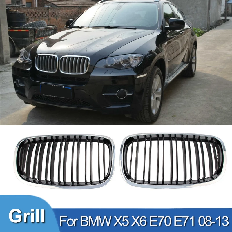 

Pulleco Chrome Car Front Bumper Kidney Grille Grilles Grills Racing Grill Trim For BMW X5 X6 E70 E71 2008-2013 Auto Double Line