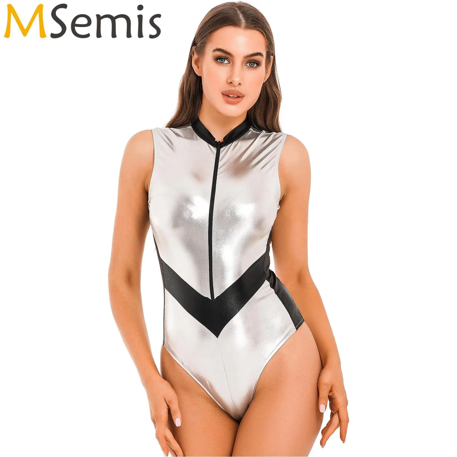 

Womens Fashion Color Block Bodysuit Cosplay Clubwear Zipper Stand Collar Leotard Metallic Shiny Sleeveless Catsuit Clubwear