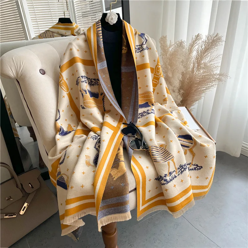 

Luxury Design Winter Cashmere Wraps Scarfs Women Shawls Scarves Lady Pashmina Bufanda Blanket Female Stoles Warm Horse Print