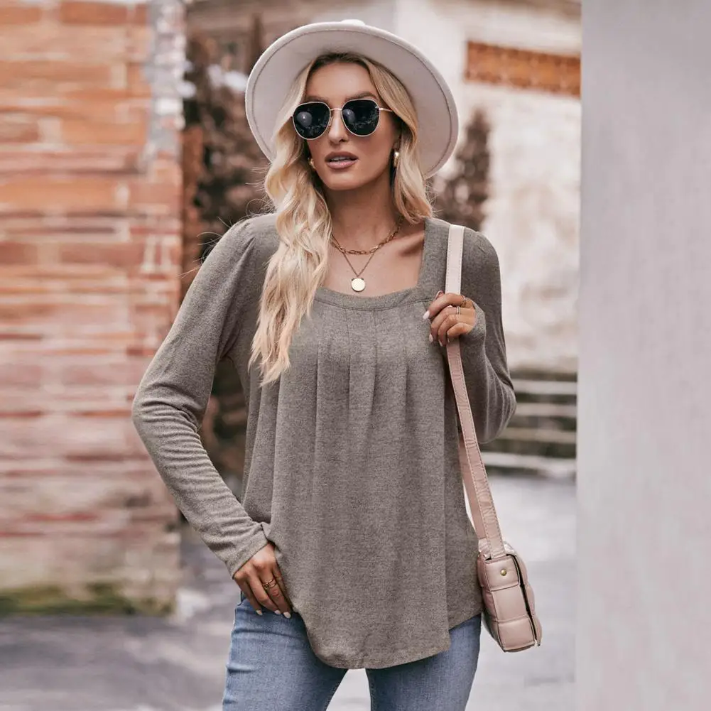 Women Fall T-shirt Square Neck Pleated Flowy Loose Cut Women Top Long Sleeve Solid Color Pullover Casual Lady Spring Top Blouse