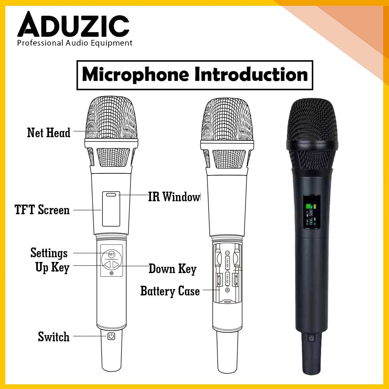 Фото Aduzic AD80S True Diversity 2 Channel Wireless Microphone System 640-690Mhz Handheld Dynamic Mic Professional Stage Microfono №4