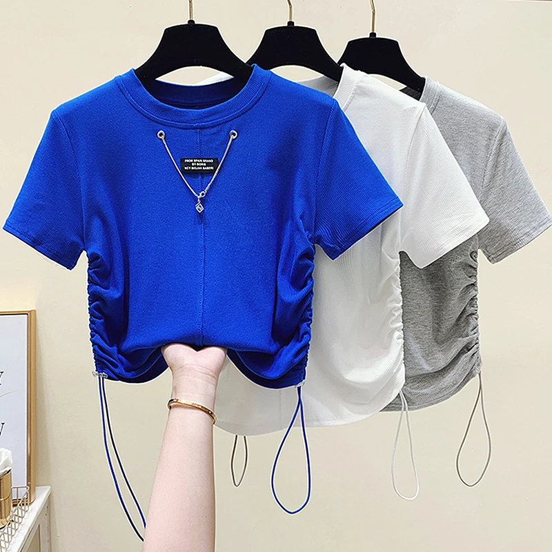 

GGRIGHT Poleras Mujer Camisetas с круглым вырезом хлопковая Футболка с подвеской женские модные топы с боковой кулиской Повседневная женская футболка