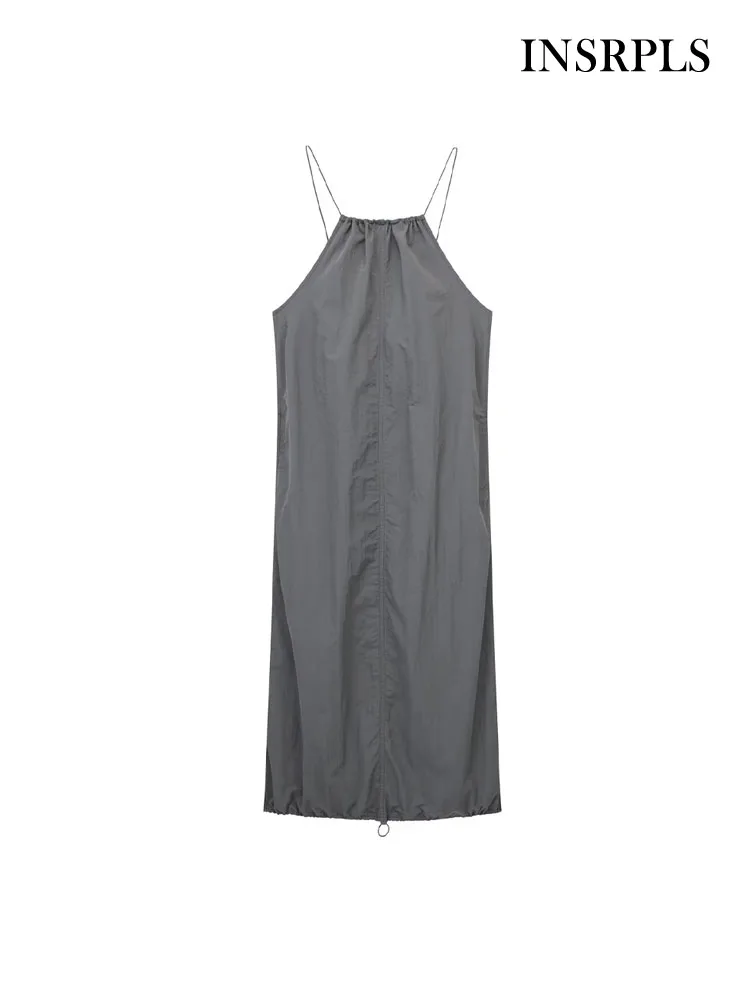 

INSRPLS Women Fashion With Drawstrings Stoppers Nylon Midi Dress Vintage Backless Thin Elastic Straps Female Dresses Vestidos
