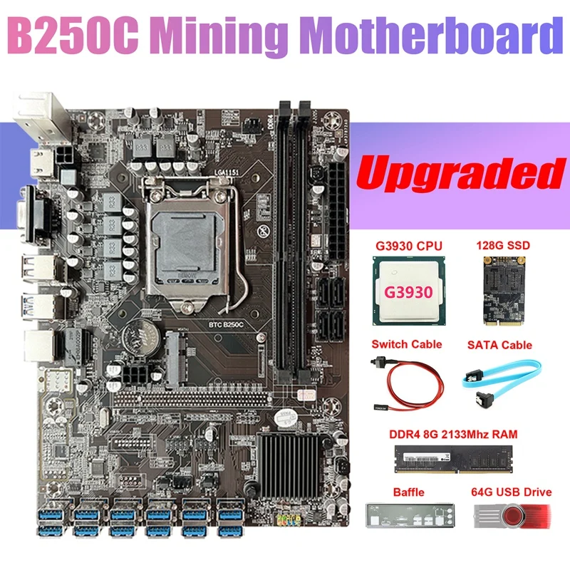 

B250C ETH Miner Motherboard 12USB+G3930 CPU+DDR4 4GB 2133Mhz RAM+128G SSD+64G USB Drive+SATA Cable+Switch Cable+Baffle