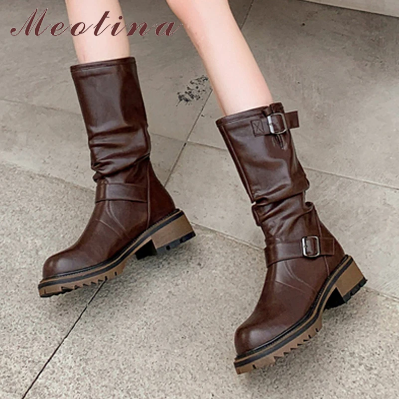 

Женские ботильоны с круглым носком Meotina, плиссированные полусапожки из натуральной кожи, на плоской подошве, с пряжкой, коричневые, для осени и зимы