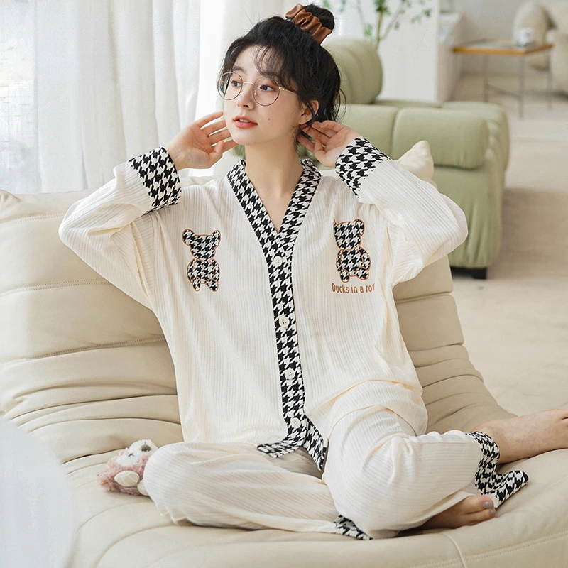 Pink Argyle Woman Cotton Pijamas Set M-5XL Kimono Cardigan Long Sleeve Pajamas for Lady Casual Girls Sleepwear V-neck Mujer Pjs