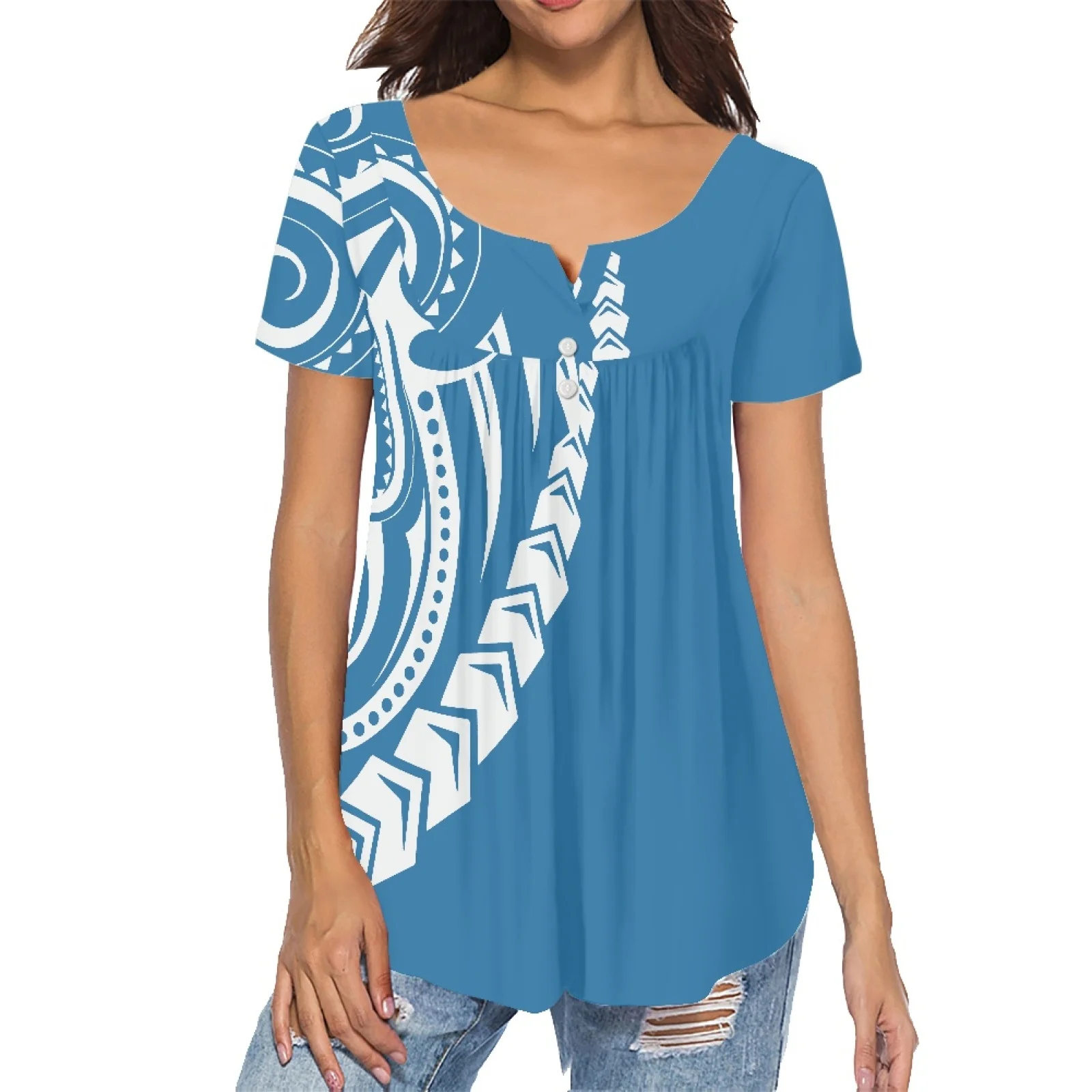 

Women Pleated Buckle Shirt Summer Crop Top Luxury Design Polynesian Tribal Style Sexy Charming Girl V-neck Tops Top Short-Sleeve