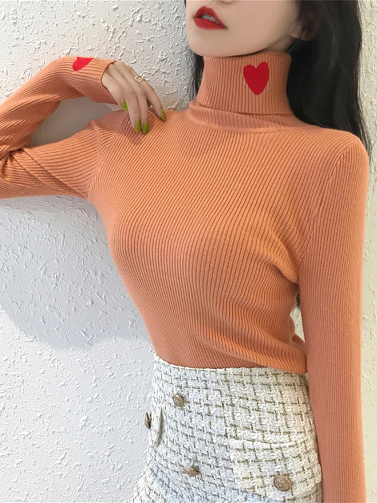

2022 Knitted Women Sweater Ribbed Pullovers Heart Embroidery Turtleneck Autumn Winter Basic Women Sweaters Fit Soft Warm Tops