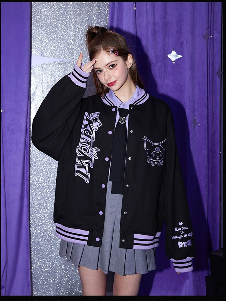 

Sanrio Kawaii Anime Kuromi Cute Cartoon Black Baseball Uniform Jacket Women New American Style Retro Wind Jacket Loose Coat Gift