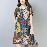 womens dresses loose retro ethnic short sleeved printed dress a line casual cotton mid calf o neck summer