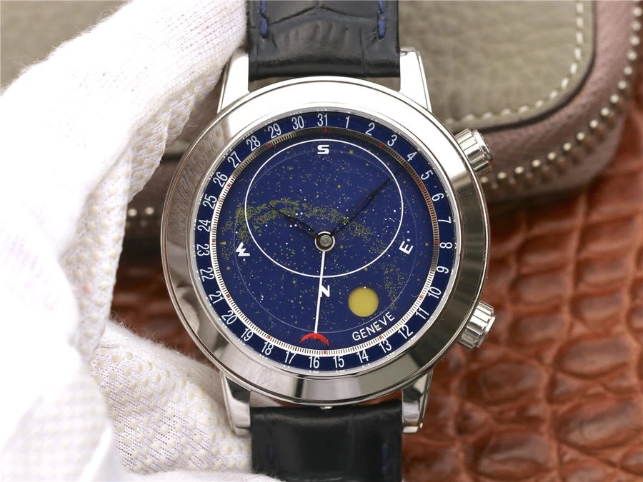 

Top quality men's watches with sun moon and stars 6102P-001 Starry Sky with size 44mm and Leather Strap