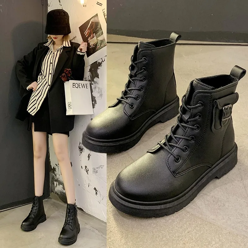 

Lasudraa Leather Ankle Boots for Women Spring Autumn Shoes Casual Lace Up Female Flat Boots Women Ankle Boot Autumn