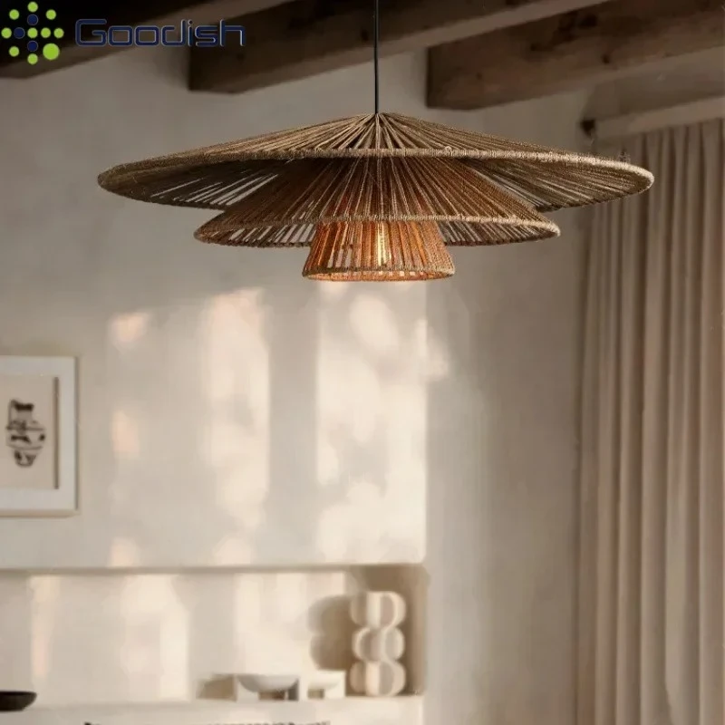 Фото Винтажные бамбуковые деревянные люстры-шляпки с LED-подсветкой, креативные светильники для спальни и домашнего декора №1