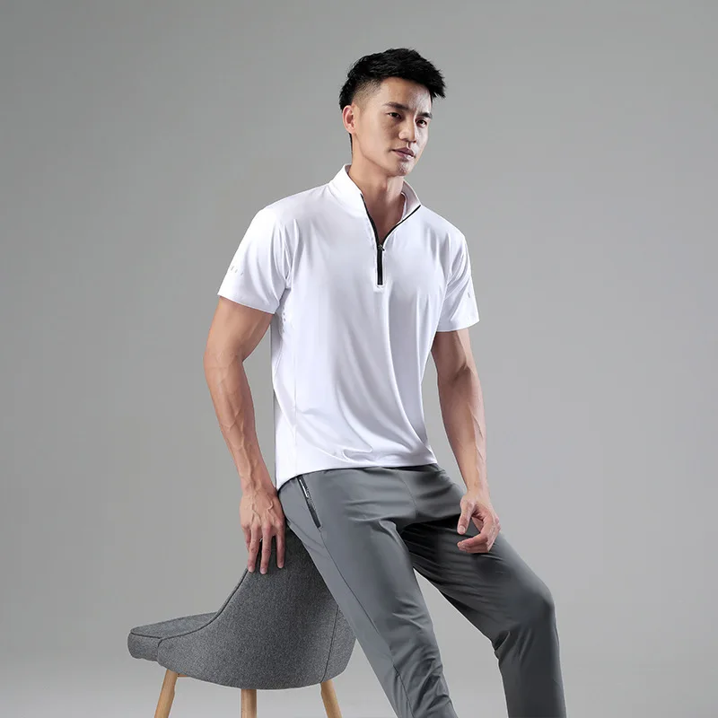 Gyms Clothing Fitness Running t shirt Standing Collar Men's Short-sleeved Ice Silk Quick-drying Stretch Sports Training T Shirt