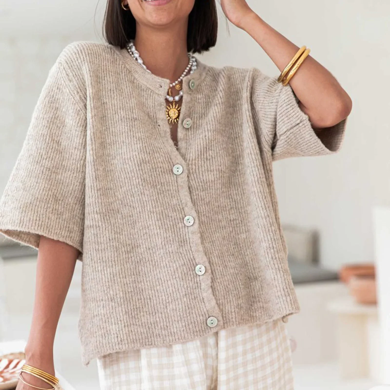 Women Knitted Crop Cardigan Shirt Short Sleeve Button Down Ribbed Knit Top Y2k Girls Outwear Tee for Winter Fall