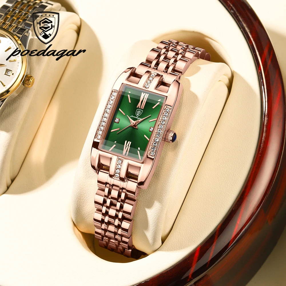 POEDAGAR Women Watch Fashion Luxury Diamond Green Dial Square Quartz Watches Stainless Steel Waterproof Ladies Wristwatch Gift