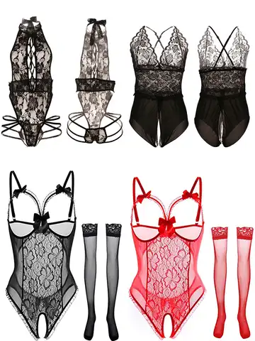 S-5XL Plus Women Bodysuit Tempting Black Lace Halter Sexy Lingerie Porn Underwear Jumpsuit Hollow Out See-through Crazy Night